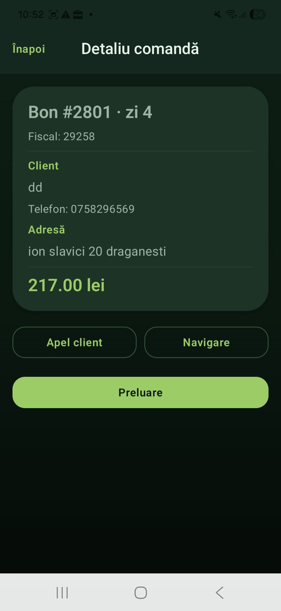 Detaliu comanda cu preluare